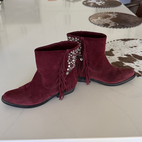 Suede Burgundy Fringe Ankle Boots with Studs - Picture 1 of 5